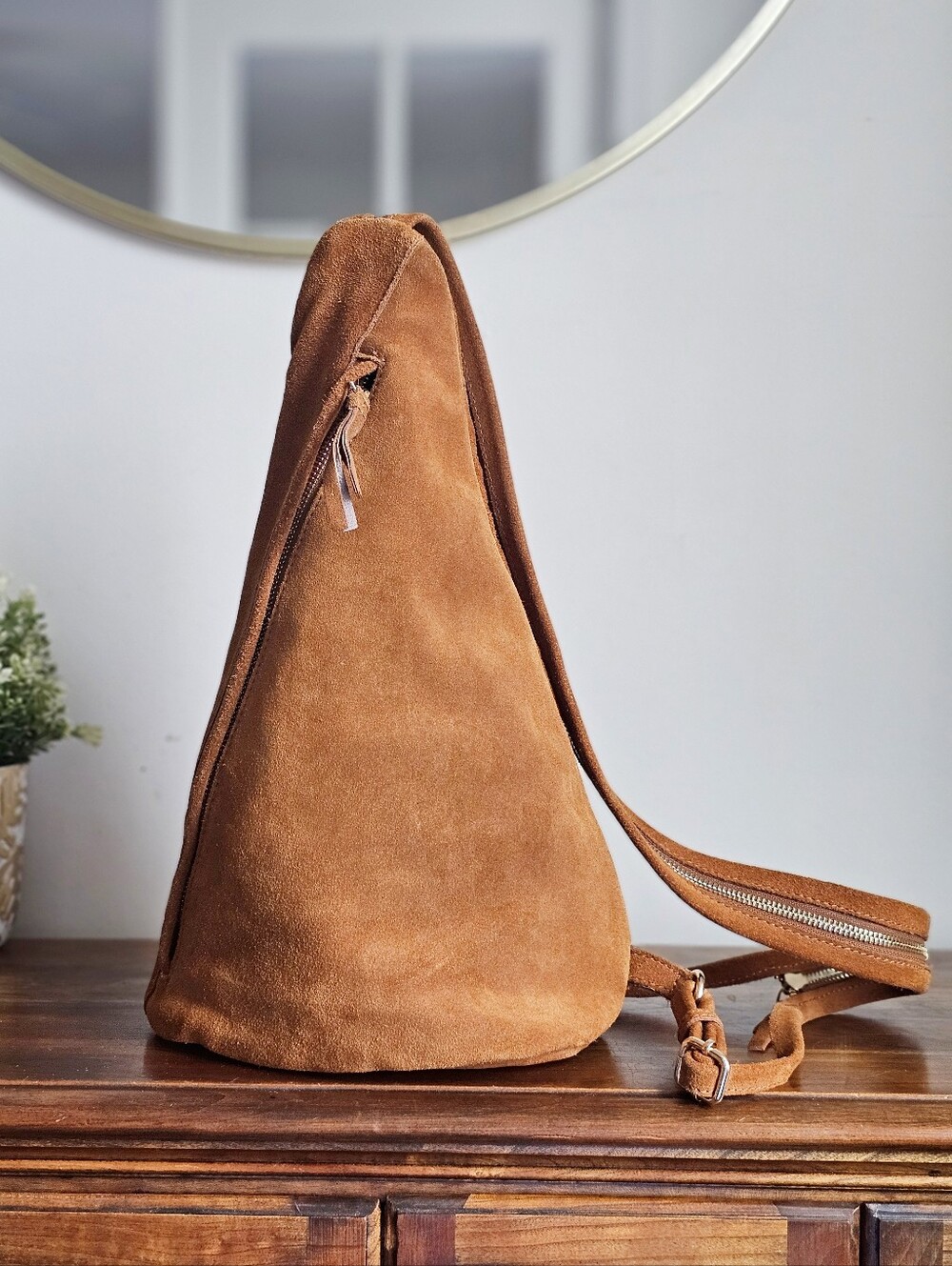 Genuine Leather Suede Brown Sling Backpack Crossbody Bag Convertible Zip Strap